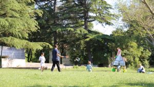 Joyful scene of children playing with bubbles in a sunny park surrounded by trees.